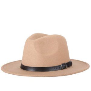 Unisex Fedora Brim Casual Beige Hat Woolen Cowboy Blend Cap Manhattan Belt Trim